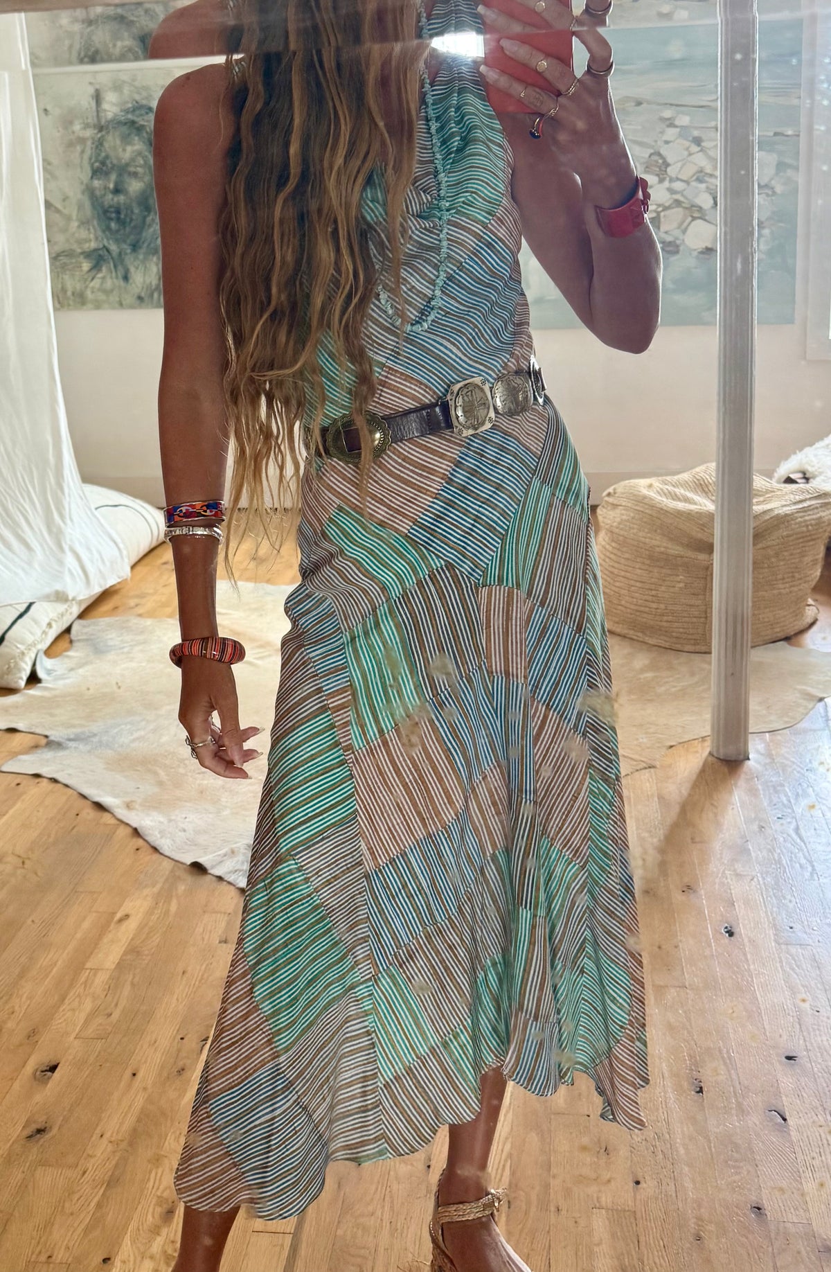 Patternier Ticking Stripe Patchworked Pieced Silk Bias Dress