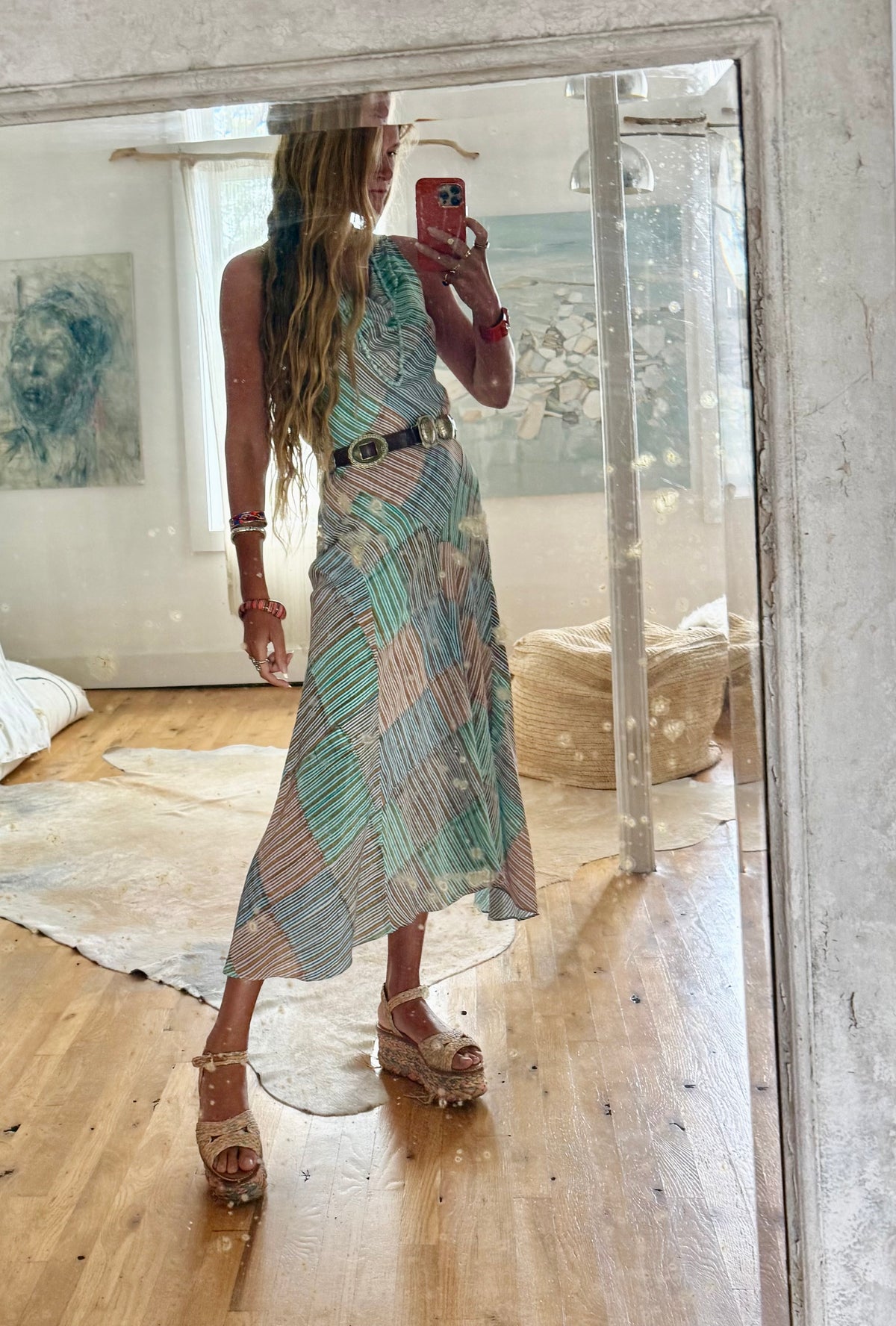 Patternier Ticking Stripe Patchworked Pieced Silk Bias Dress