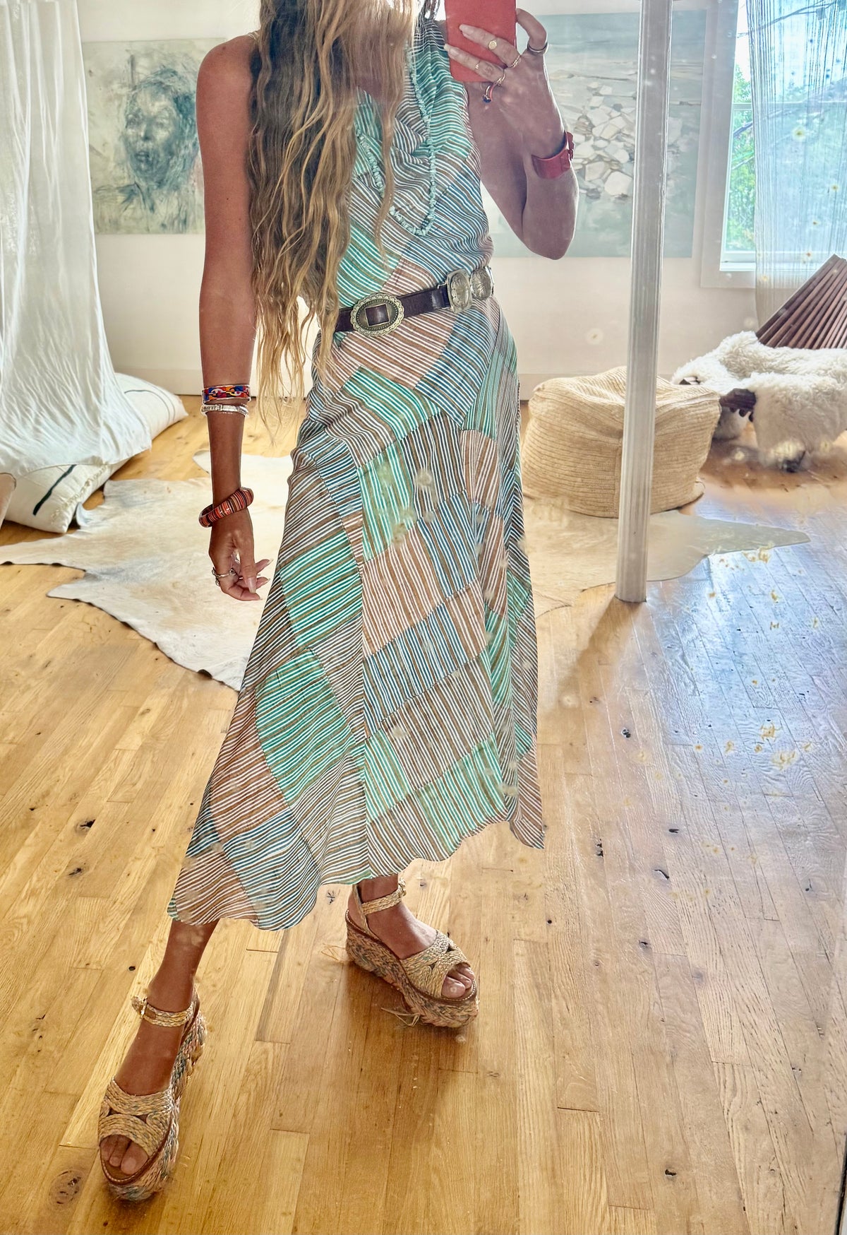 Patternier Ticking Stripe Patchworked Pieced Silk Bias Dress