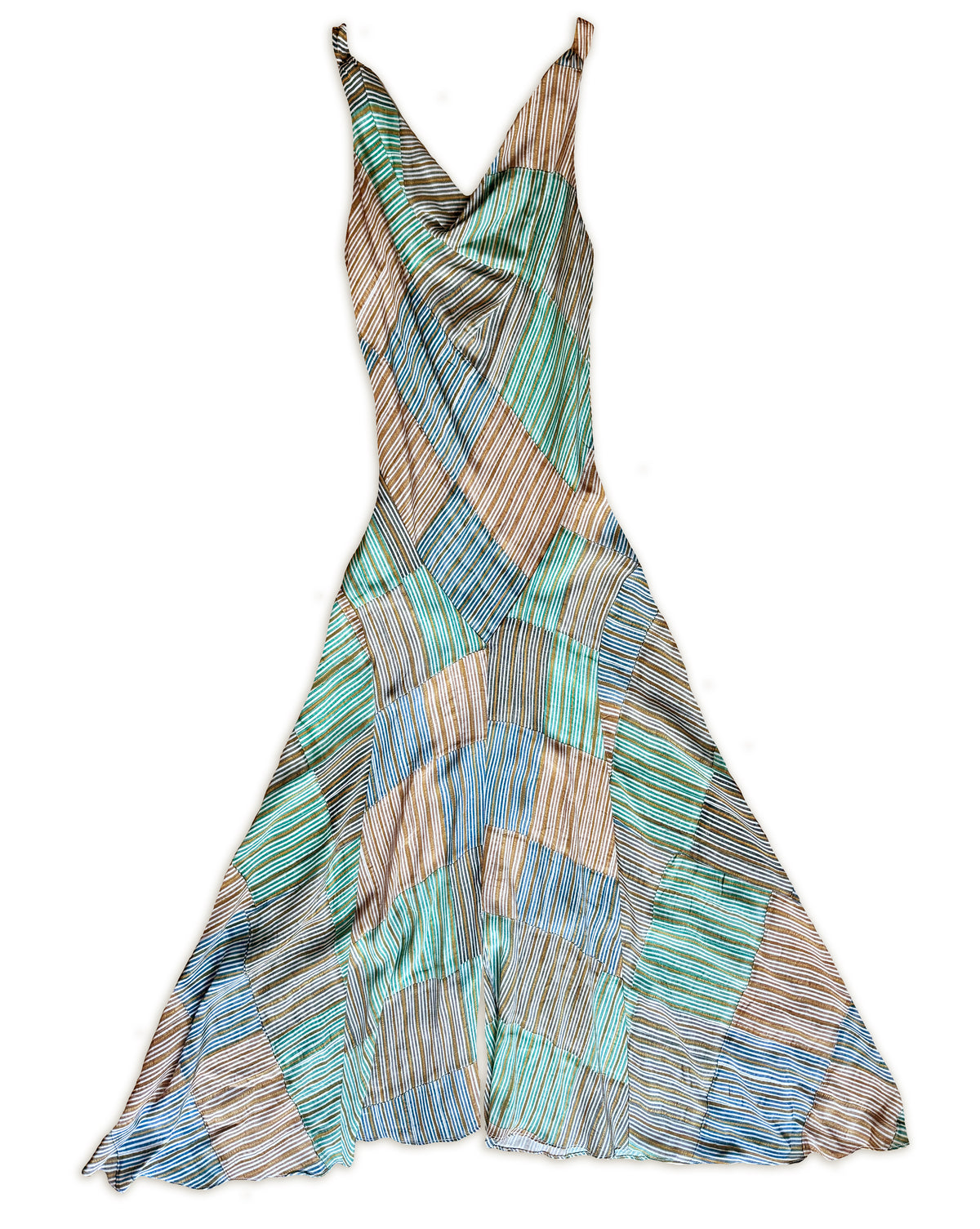 Patternier Ticking Stripe Patchworked Pieced Silk Bias Dress